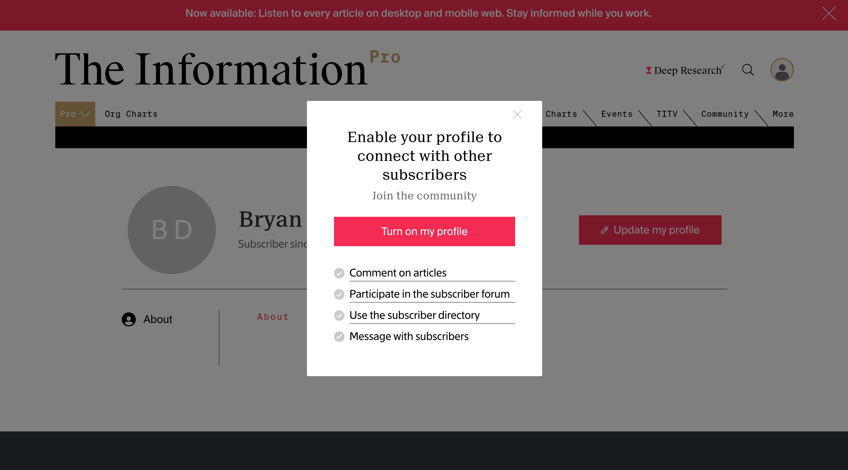 Pro modal: Enable your profile to connect with other subscribers