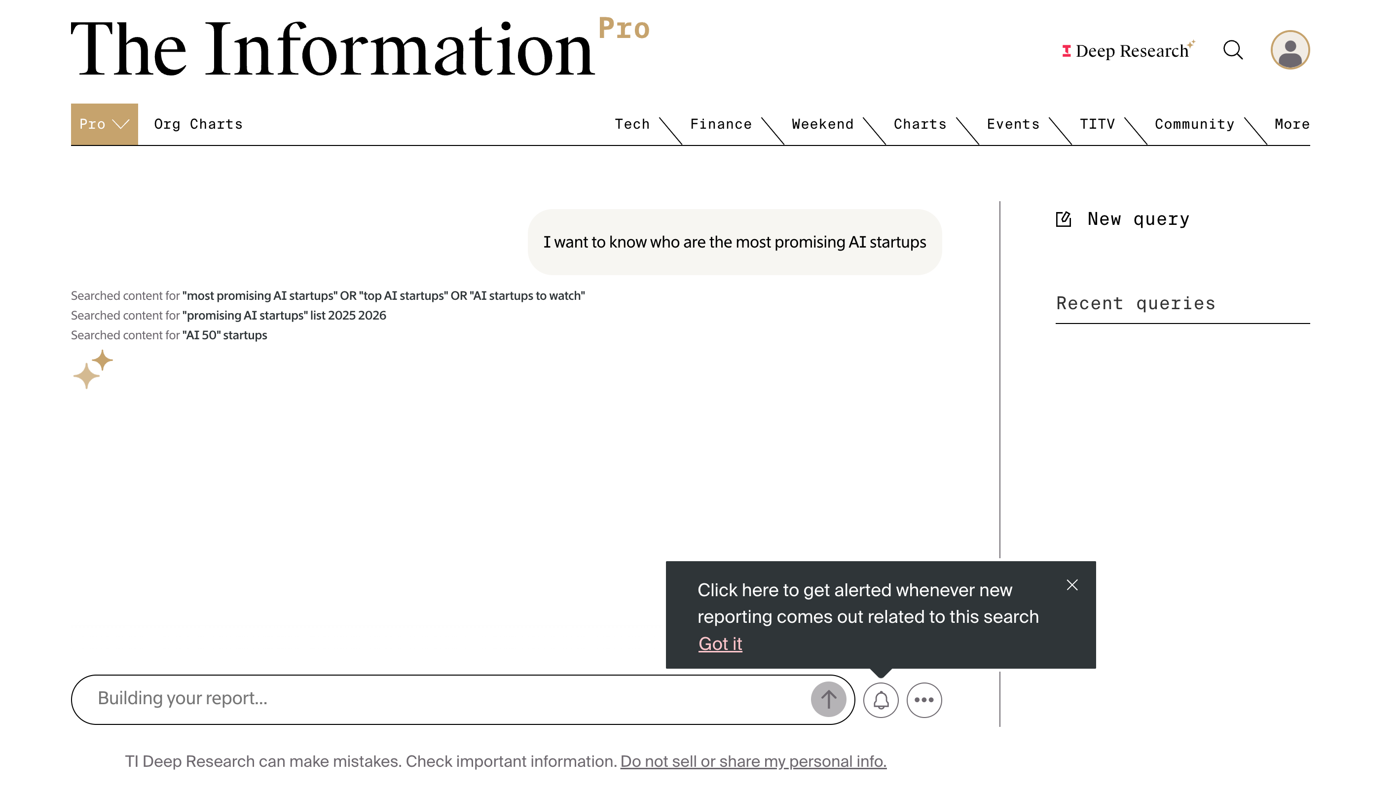 Deep Research alert tooltip: Click here to get alerted whenever new reporting comes out related to this search